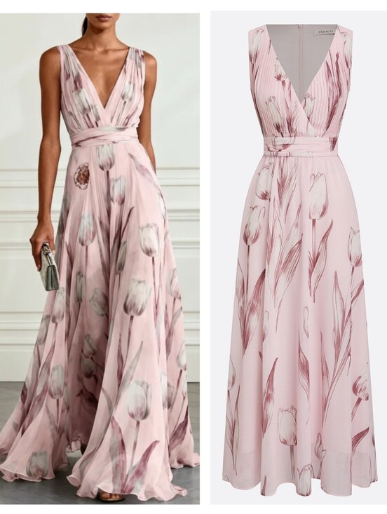 Fehaute Dresses & Skirts - Fehaute Floral Chiffon V Neck Sleeveless A-Line Floor-length Gown Dress Pink 6